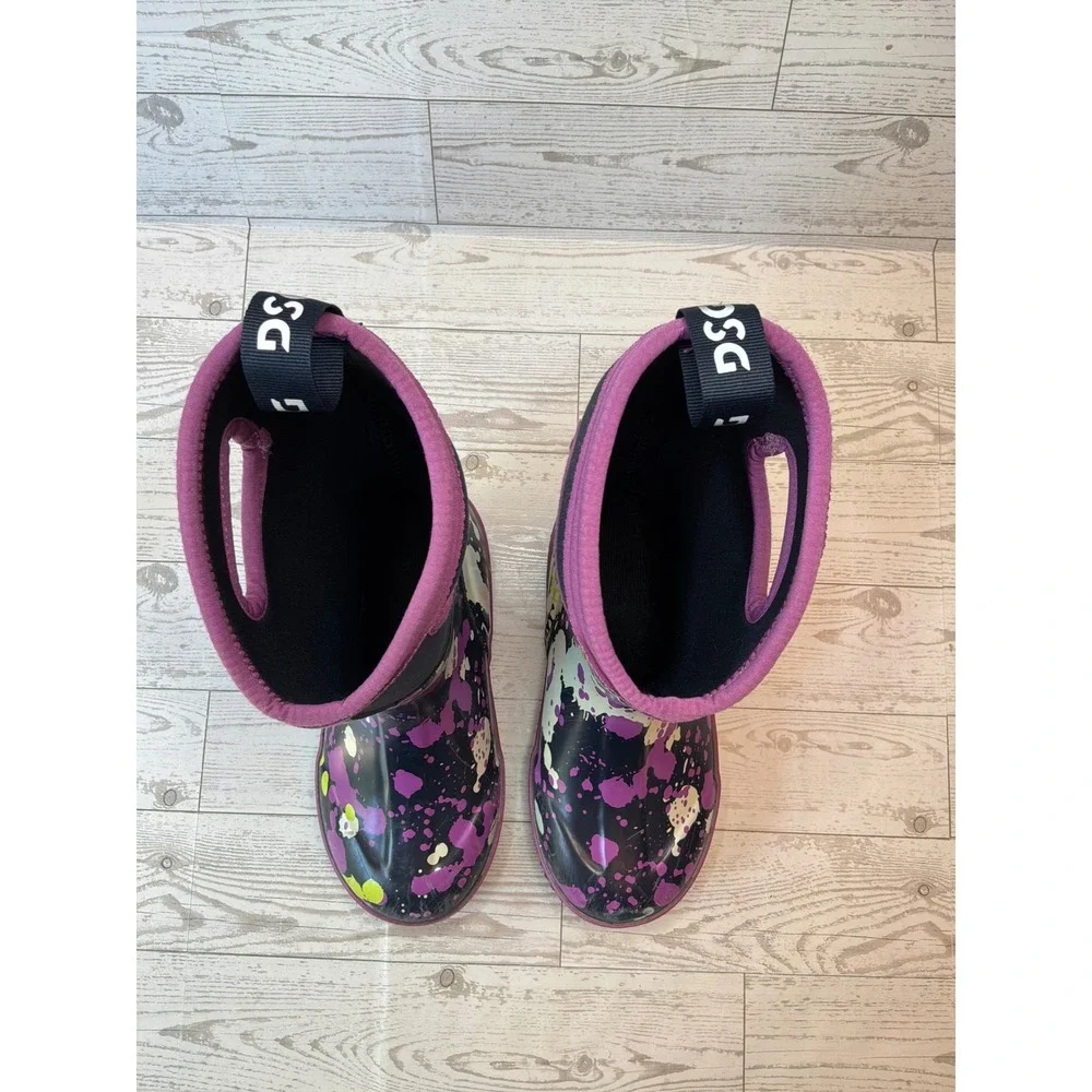 DSG Kids Size 2 Purple Paint Splatter Waterproof Rain Boots Pull On Outdoor
